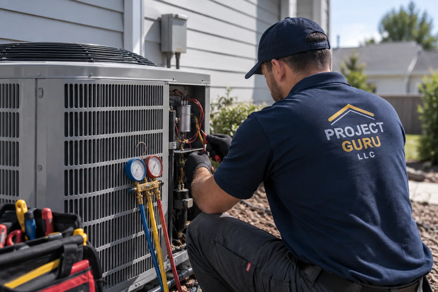 HVAC technician servicing an outdoor air conditioning unit